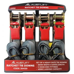 Ratchet Tie Down Heavy Duty 4 Pack 25mm x 4M with S Hook