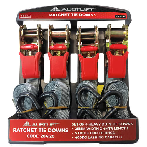 Ratchet Tie Down Heavy Duty 4 Pack 25mm x 4M with S Hook