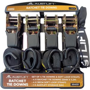 Ratchet Tie Down Heavy Duty 4 Pack 25mm x 4.5M with S Hook